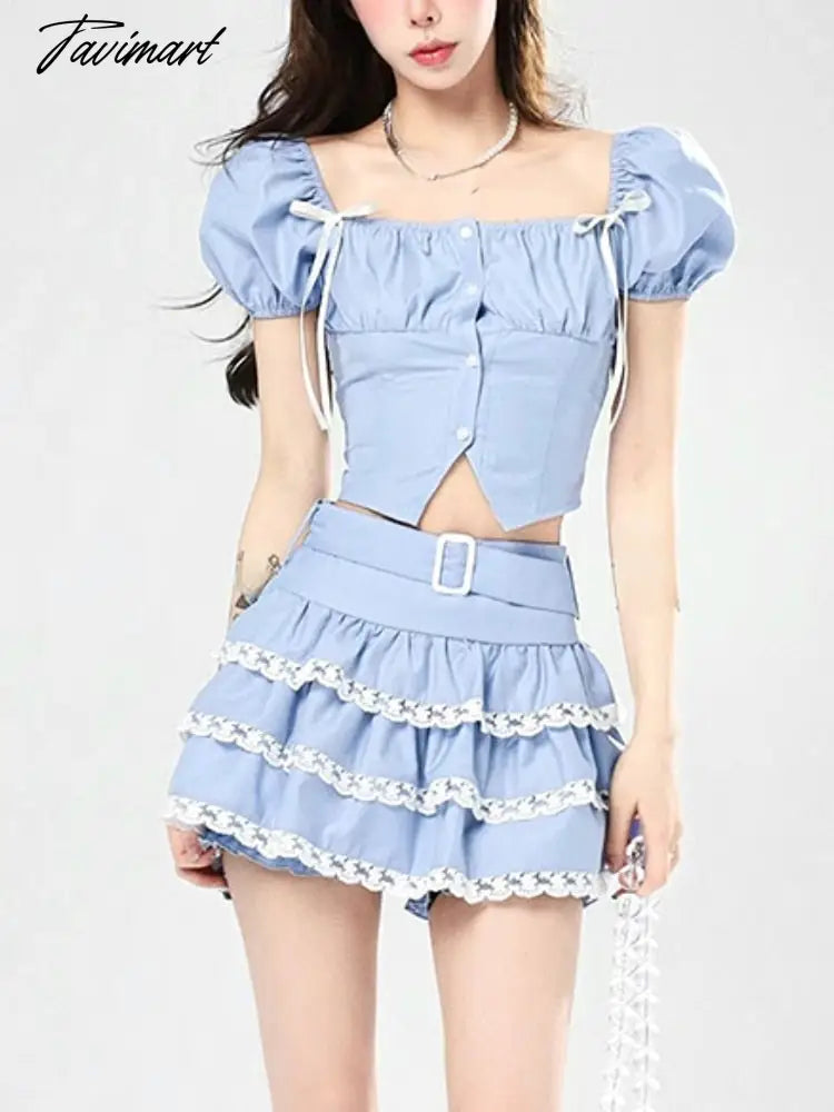 Lolita Kawaii Two Piece Set Women Lace Vintage Sweet Cake Skirt Set Female Bubble Sleeve Korean Fashion Mini Skirt Suit New