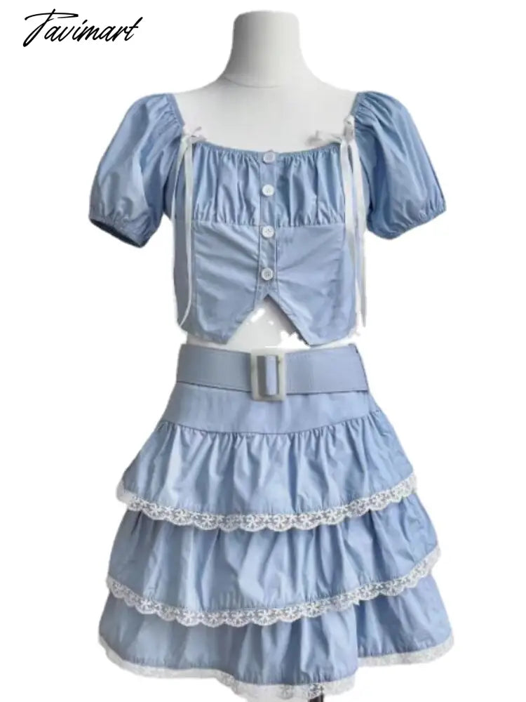Lolita Kawaii Two Piece Set Women Lace Vintage Sweet Cake Skirt Set Female Bubble Sleeve Korean Fashion Mini Skirt Suit New