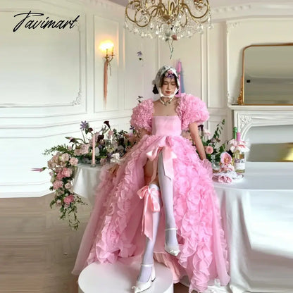 Lolita Style Prom Gowns Lush Custom Layered Pink Party Dress Ruffle Long Prom Gown with Sleeves Photoshoot vestido de fiesta