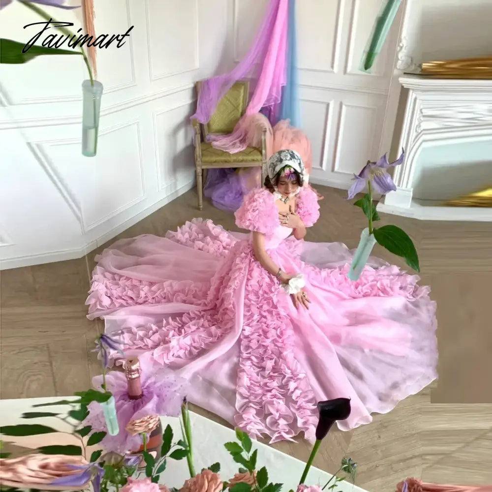 Lolita Style Prom Gowns Lush Custom Layered Pink Party Dress Ruffle Long Prom Gown with Sleeves Photoshoot vestido de fiesta