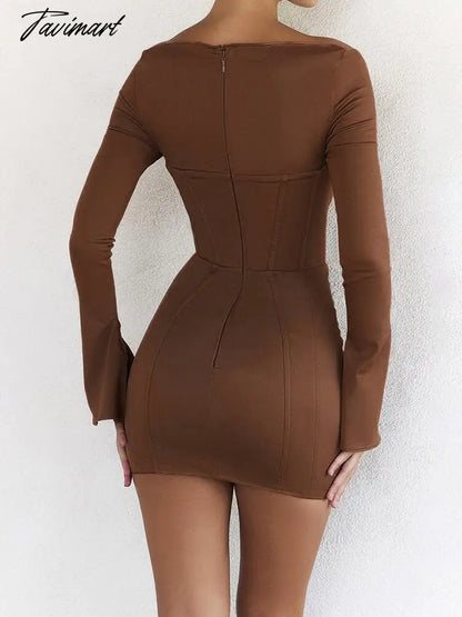 Long Sleeve Corset Dress Sexy Lace Up Birthday Night Party Dresses Mini Hollow Out Vestidos Flare Sleeve Bodycon Dresses Women