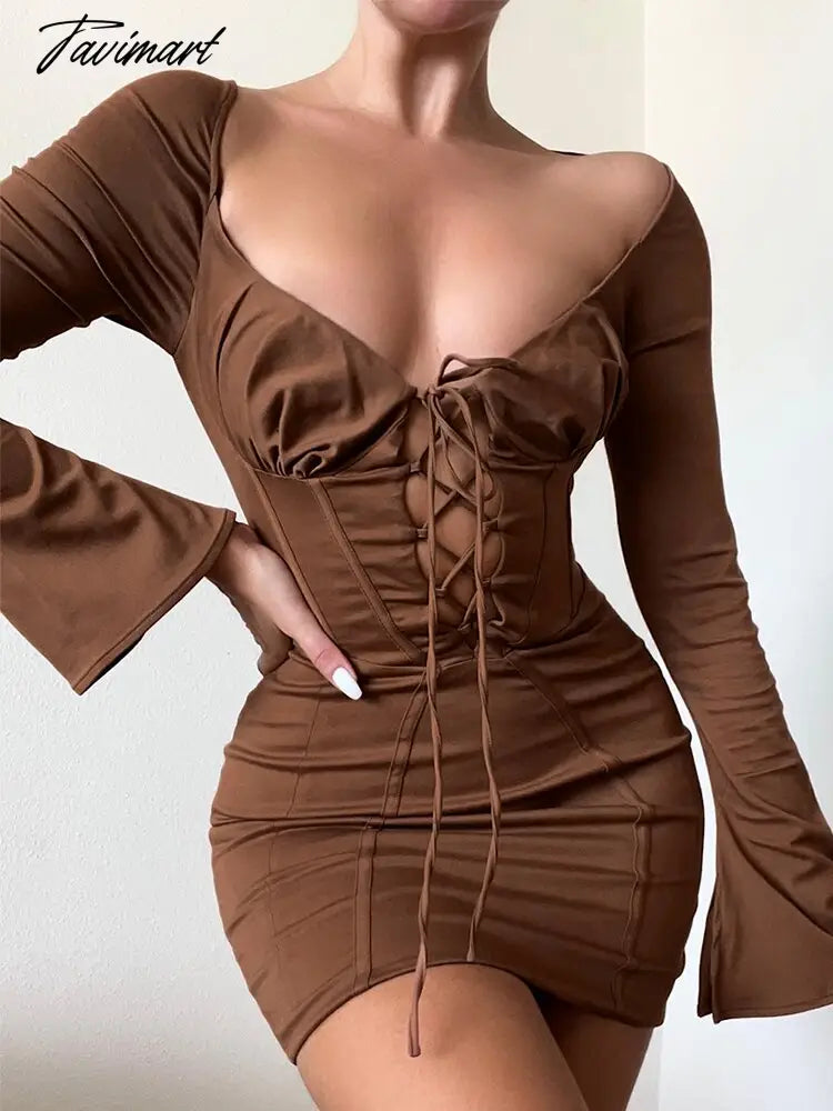 Long Sleeve Corset Dress Sexy Lace Up Birthday Night Party Dresses Mini Hollow Out Vestidos Flare Sleeve Bodycon Dresses Women