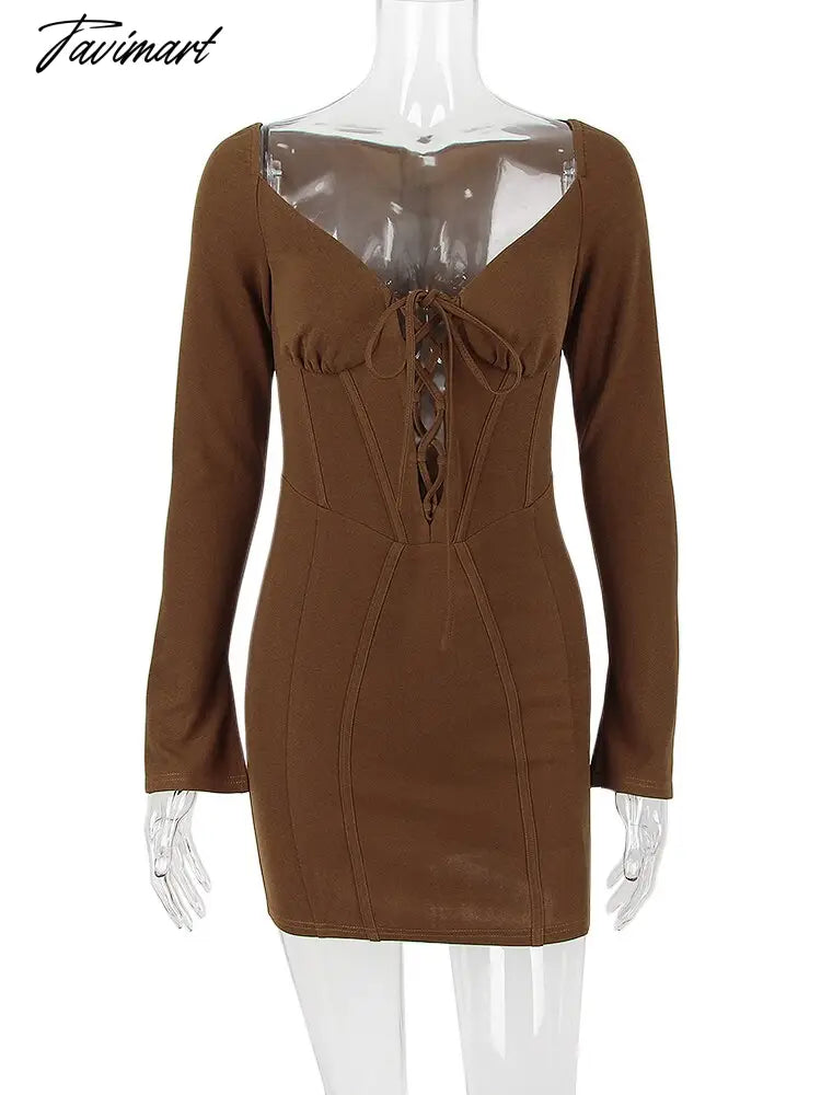 Long Sleeve Corset Dress Sexy Lace Up Birthday Night Party Dresses Mini Hollow Out Vestidos Flare Sleeve Bodycon Dresses Women