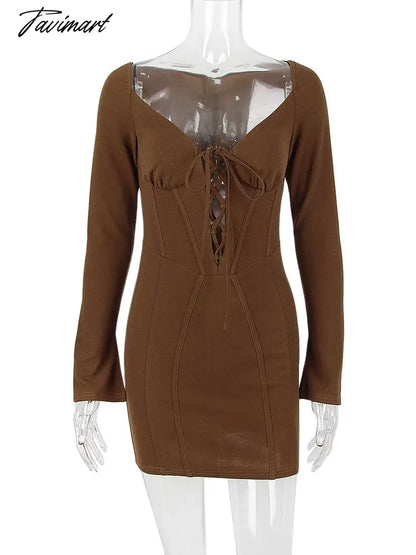 Long Sleeve Corset Dress Sexy Lace Up Birthday Night Party Dresses Mini Hollow Out Vestidos Flare Sleeve Bodycon Dresses Women