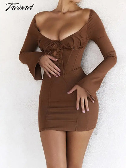 Long Sleeve Corset Dress Sexy Lace Up Birthday Night Party Dresses Mini Hollow Out Vestidos Flare Sleeve Bodycon Dresses Women