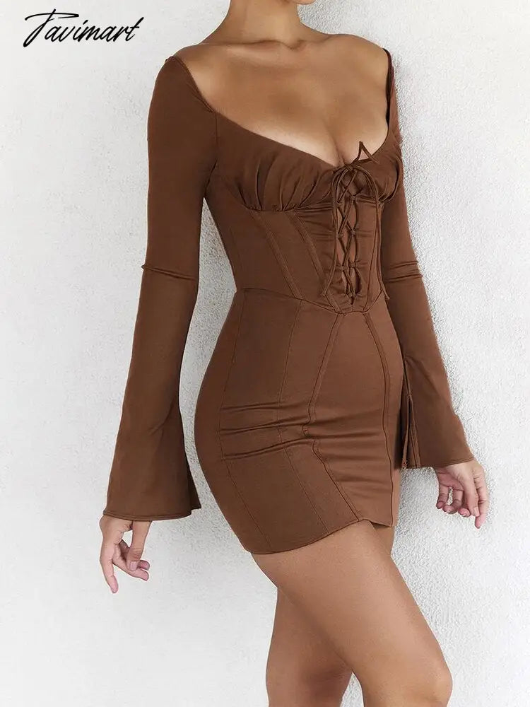 Long Sleeve Corset Dress Sexy Lace Up Birthday Night Party Dresses Mini Hollow Out Vestidos Flare Sleeve Bodycon Dresses Women