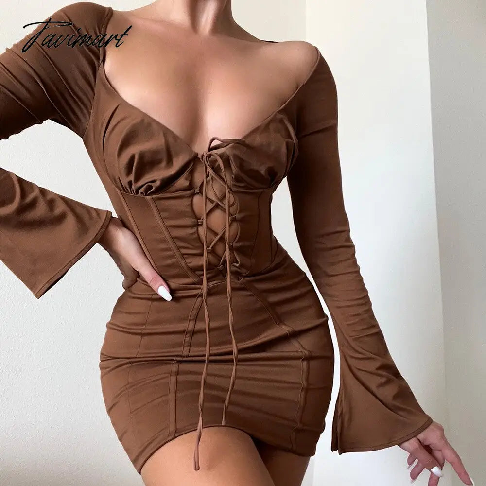 Long Sleeve Corset Dress Sexy Lace Up Birthday Night Party Dresses Mini Hollow Out Vestidos Flare Sleeve Bodycon Dresses Women