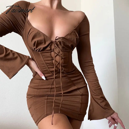 Long Sleeve Corset Dress Sexy Lace Up Birthday Night Party Dresses Mini Hollow Out Vestidos Flare Sleeve Bodycon Dresses Women