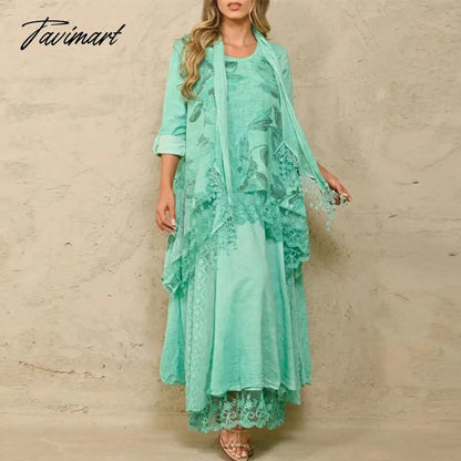 Long Sleeve O-neck Tops And Long Skirt Suit Lady Casual Solid Embroidery 2-piece Sets Fashion Loose Lace Irregular Commuter Suit