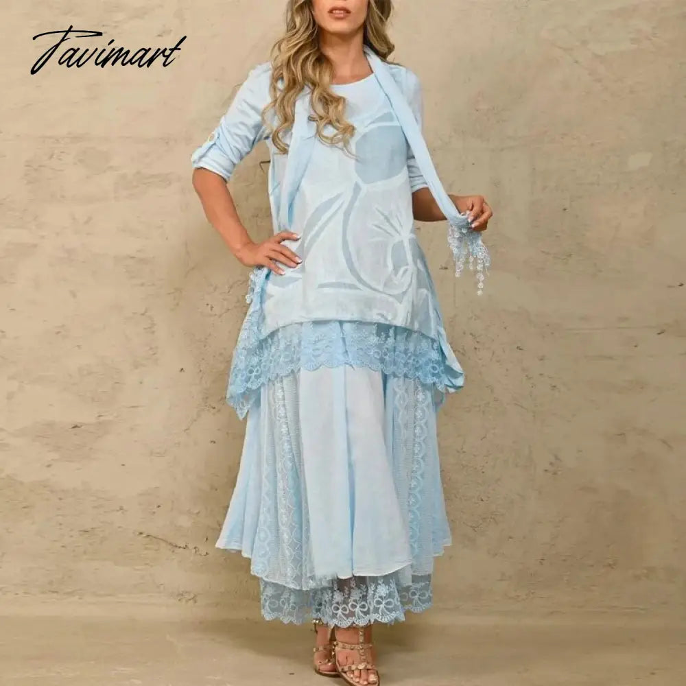 Long Sleeve O-neck Tops And Long Skirt Suit Lady Casual Solid Embroidery 2-piece Sets Fashion Loose Lace Irregular Commuter Suit