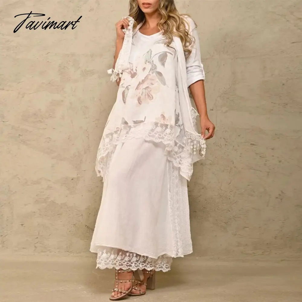 Long Sleeve O-neck Tops And Long Skirt Suit Lady Casual Solid Embroidery 2-piece Sets Fashion Loose Lace Irregular Commuter Suit