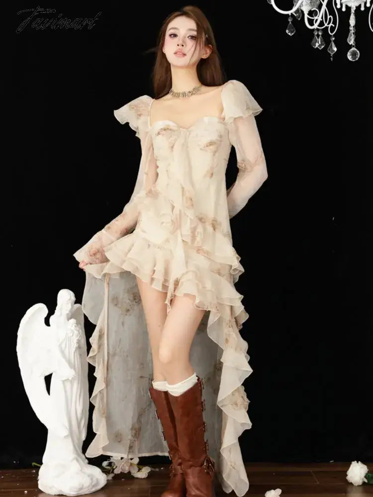 Long Sleeve Romantic Tie Dye Ruffles Backless Long Maxi Dress Vintage Party Evening Elegant Luxury Celebrity Flowy Dress Clothes