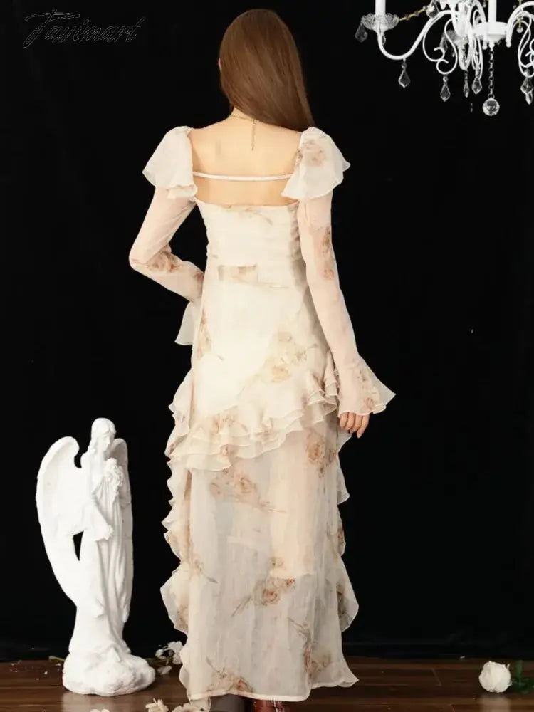 Long Sleeve Romantic Tie Dye Ruffles Backless Long Maxi Dress Vintage Party Evening Elegant Luxury Celebrity Flowy Dress Clothes