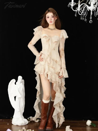 Long Sleeve Romantic Tie Dye Ruffles Backless Long Maxi Dress Vintage Party Evening Elegant Luxury Celebrity Flowy Dress Clothes