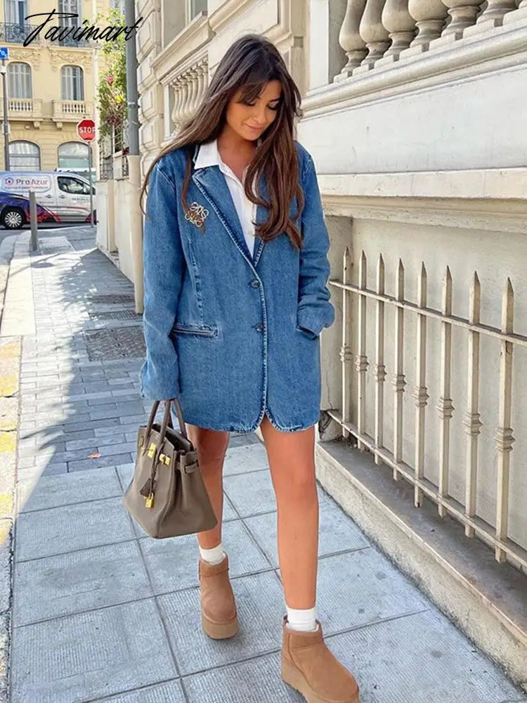 Loose Lapel Denim Jacket Women Casual V-Neck Washed Worn Medium Length Coat New Autumn Office Lady Pocket Outerwear