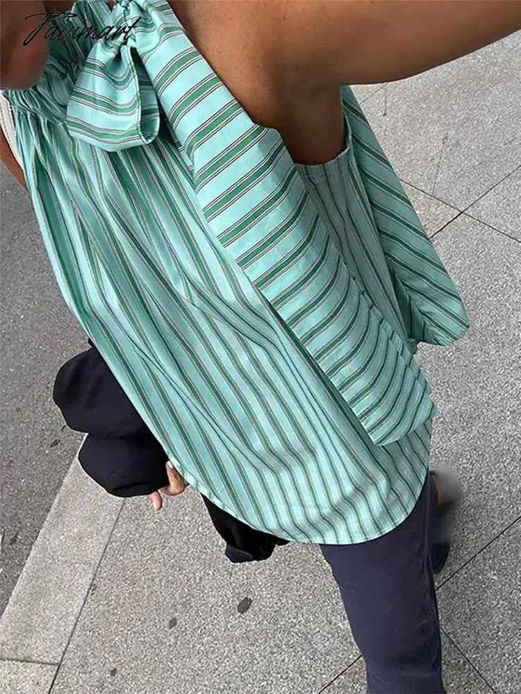 Loose Striped Stand Collar Bow Lace Up Shirts For Women Causal Ruffle Sleeveless Top 2024 New Spring Summer Female Street Blouse