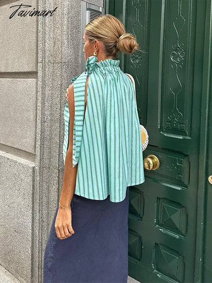 Loose Striped Stand Collar Bow Lace Up Shirts For Women Causal Ruffle Sleeveless Top 2024 New Spring Summer Female Street Blouse