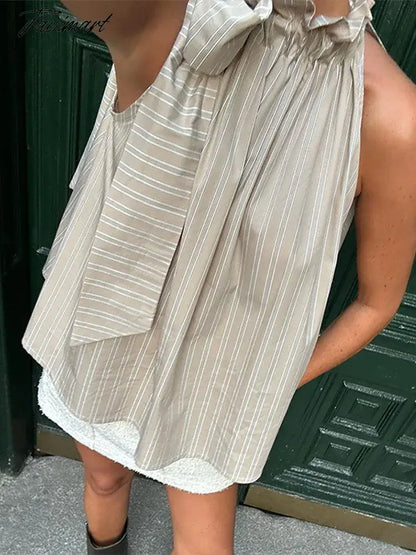 Loose Striped Stand Collar Bow Lace Up Shirts For Women Causal Ruffle Sleeveless Top 2024 New Spring Summer Female Street Blouse