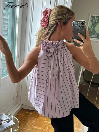 Loose Striped Stand Collar Bow Lace Up Shirts For Women Causal Ruffle Sleeveless Top 2024 New Spring Summer Female Street Blouse