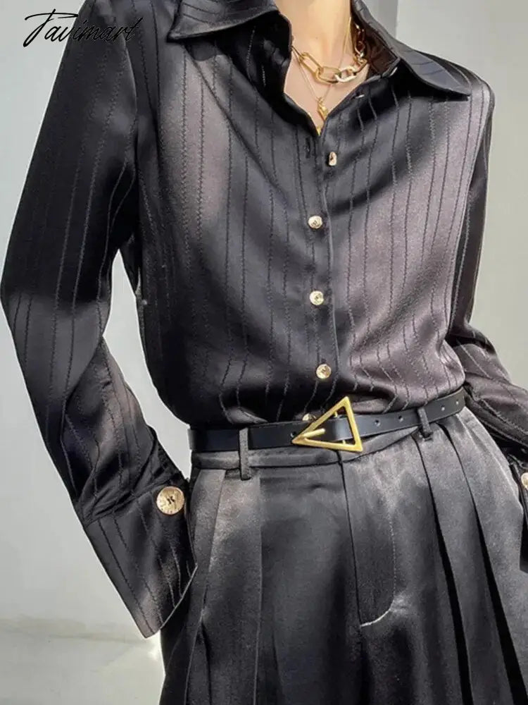 Loose Women Striped Shirts New Spring Long Sleeve Single-breasted Female Satin Blouses Ladies Fashion Elegant Tops Autumn