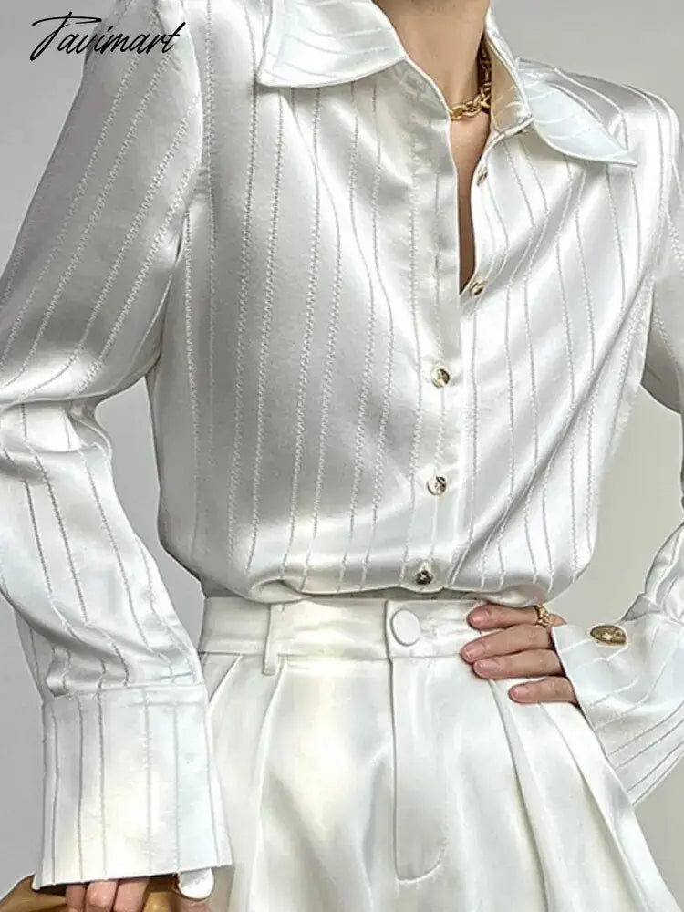 Loose Women Striped Shirts New Spring Long Sleeve Single-breasted Female Satin Blouses Ladies Fashion Elegant Tops Autumn