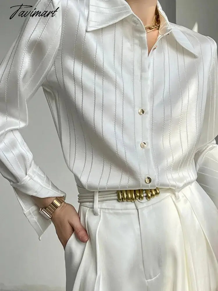 Loose Women Striped Shirts New Spring Long Sleeve Single-breasted Female Satin Blouses Ladies Fashion Elegant Tops Autumn