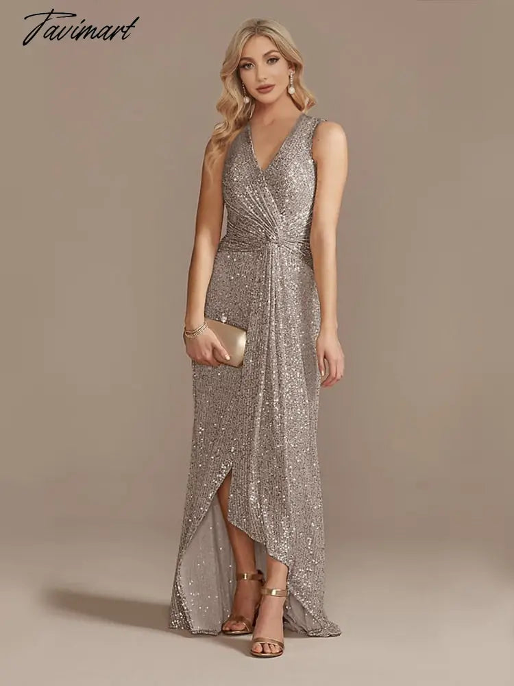 Luxury Floor Length V-Neck Evening Dress Elegant Slit Party Women Wedding Sequins For Formal Prom Cocktail Dress