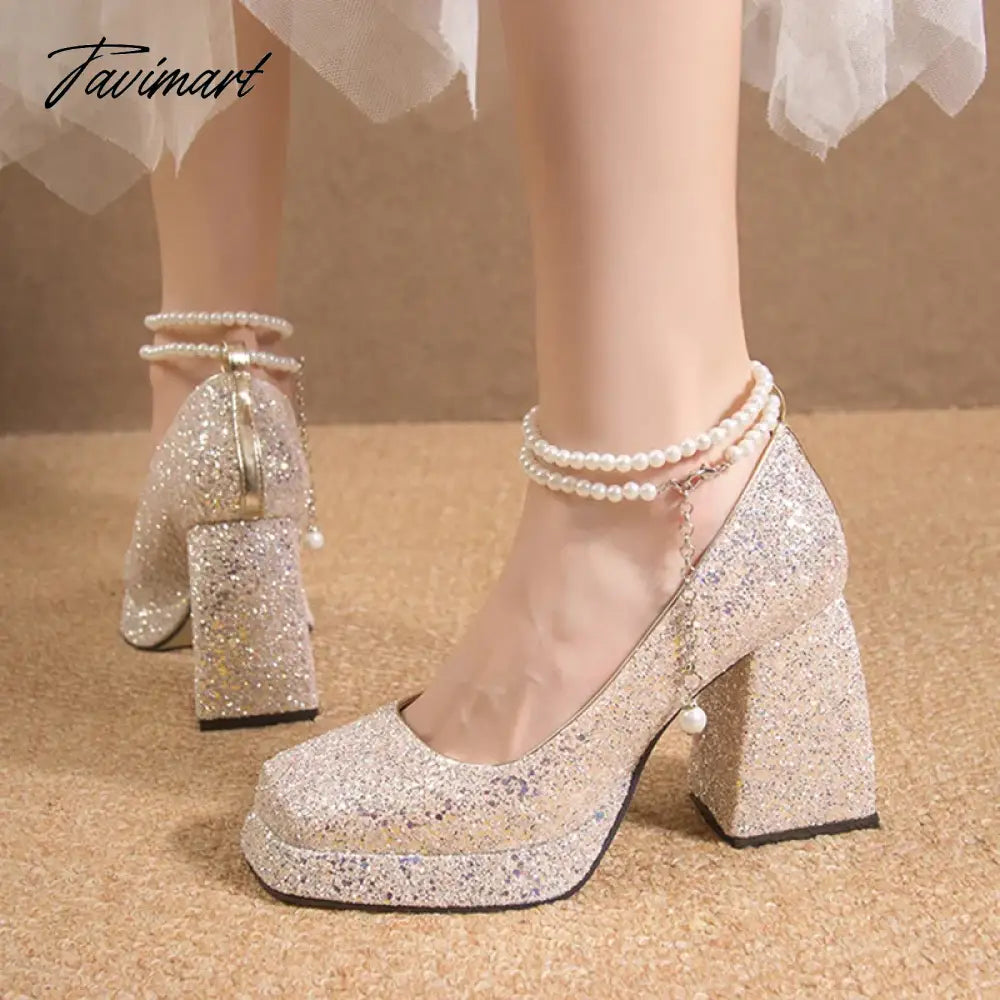 Luxury Gold Glitter High Heels Pumps for Women Spring Pearl Ankle Strap Wedding Shoes Woman Chunky Platform Mary Jane Shoes