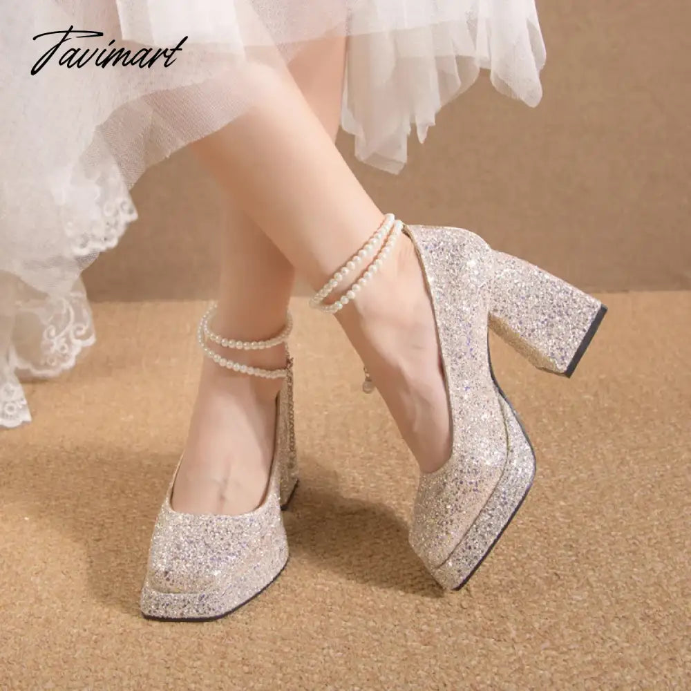 Luxury Gold Glitter High Heels Pumps for Women Spring Pearl Ankle Strap Wedding Shoes Woman Chunky Platform Mary Jane Shoes