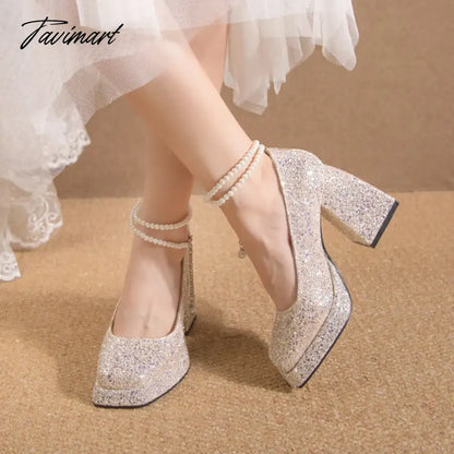 Luxury Gold Glitter High Heels Pumps for Women Spring Pearl Ankle Strap Wedding Shoes Woman Chunky Platform Mary Jane Shoes