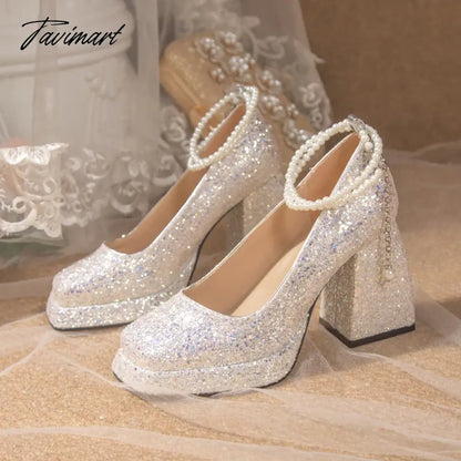 Luxury Gold Glitter High Heels Pumps for Women Spring Pearl Ankle Strap Wedding Shoes Woman Chunky Platform Mary Jane Shoes