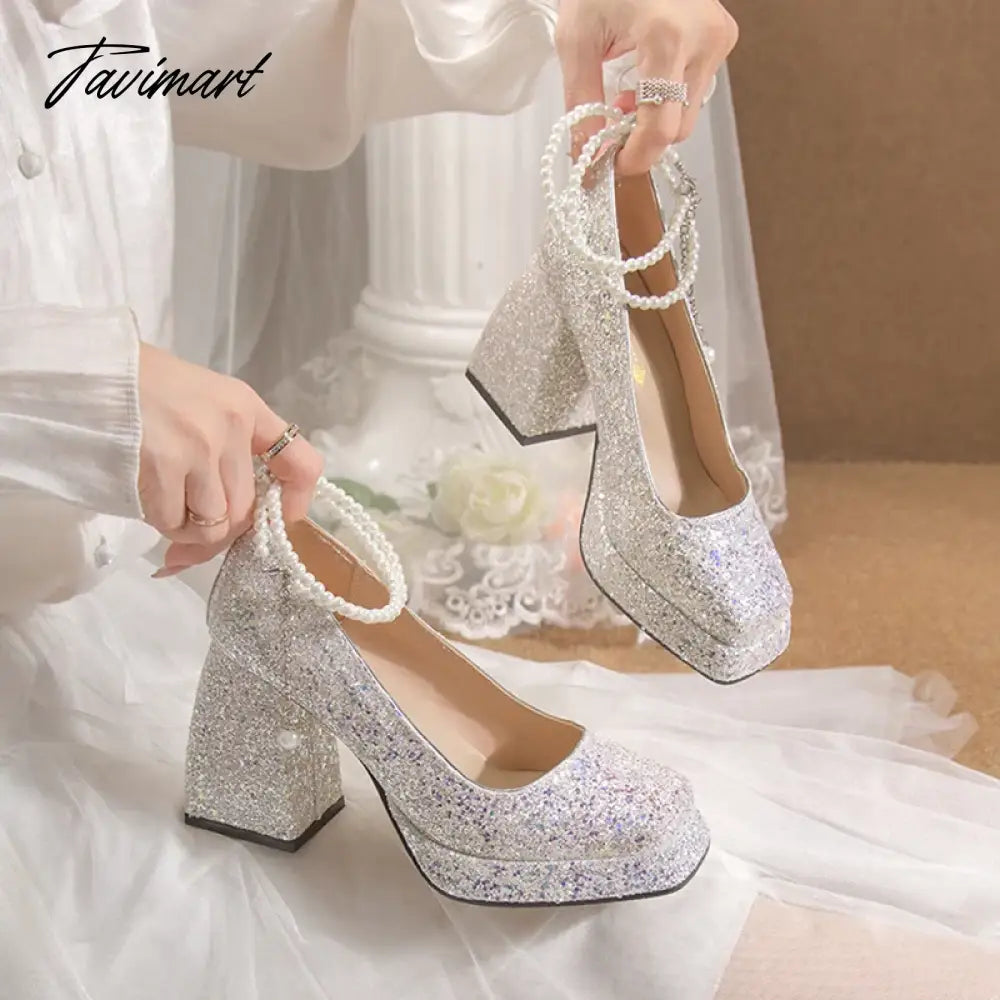 Luxury Gold Glitter High Heels Pumps for Women Spring Pearl Ankle Strap Wedding Shoes Woman Chunky Platform Mary Jane Shoes