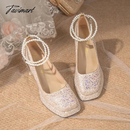 Luxury Gold Glitter High Heels Pumps for Women Spring Pearl Ankle Strap Wedding Shoes Woman Chunky Platform Mary Jane Shoes