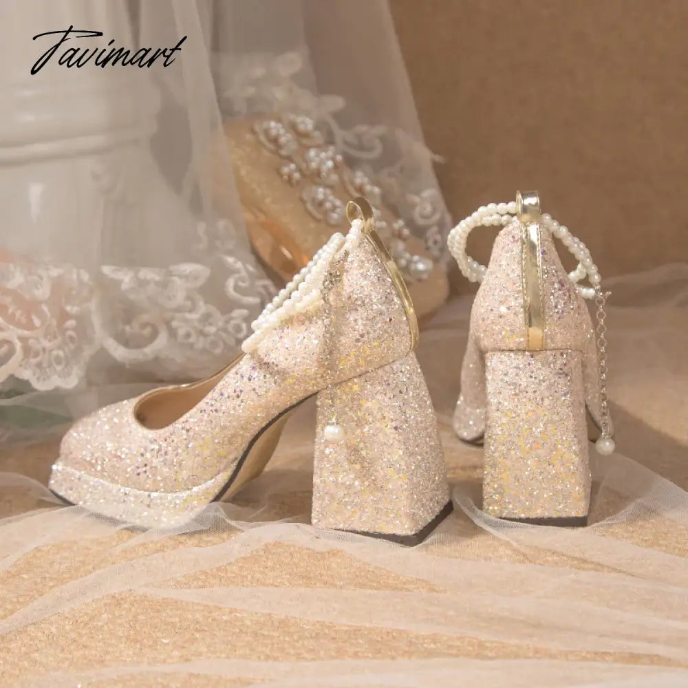 Luxury Gold Glitter High Heels Pumps for Women Spring Pearl Ankle Strap Wedding Shoes Woman Chunky Platform Mary Jane Shoes