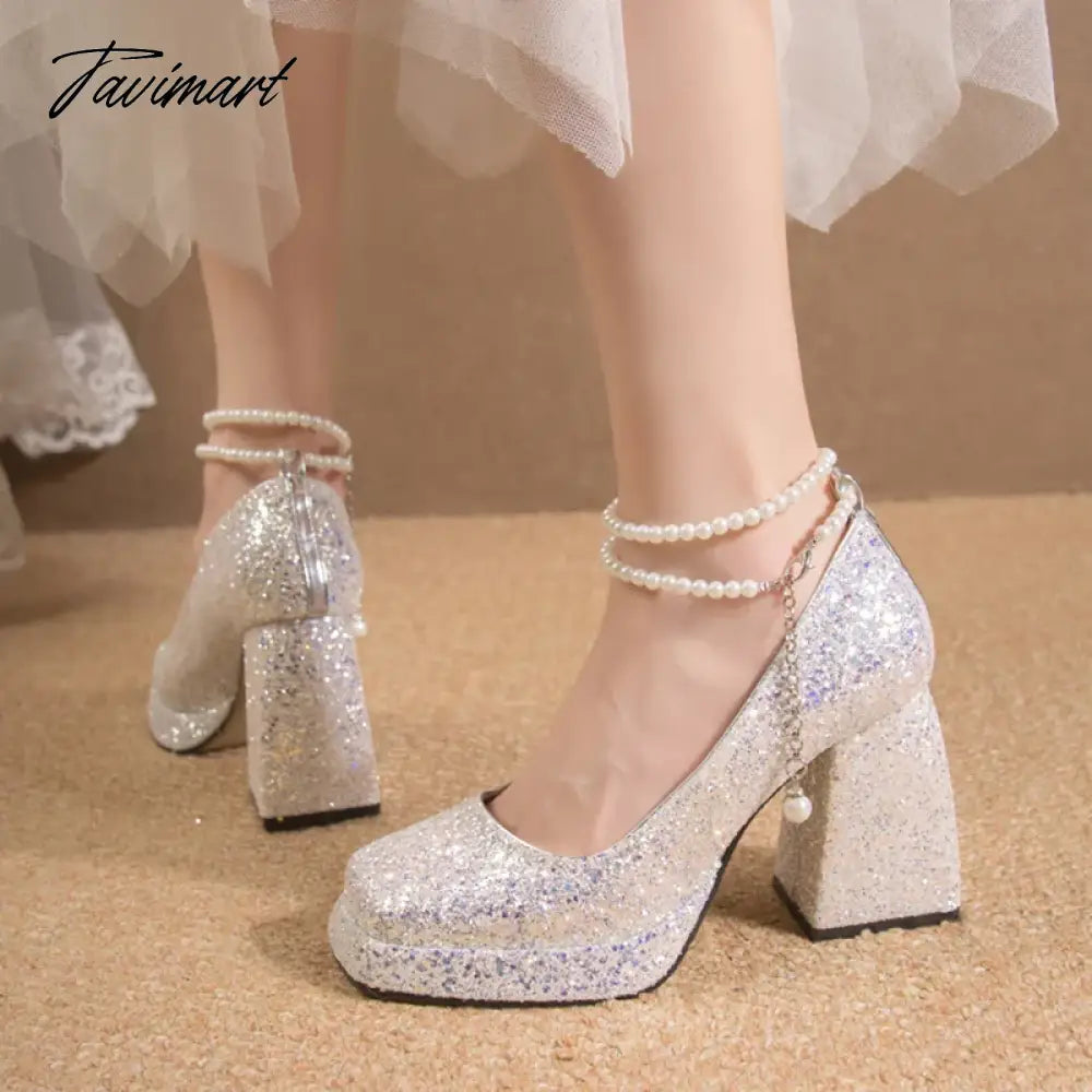 Luxury Gold Glitter High Heels Pumps for Women Spring Pearl Ankle Strap Wedding Shoes Woman Chunky Platform Mary Jane Shoes