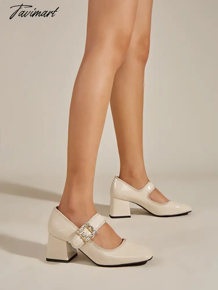 Marry Jane Pumps For Women Buckle Strap Low Heel Classic Office Lady Pumps Shoes Spring Rhinetone Bling Chunky Heeled