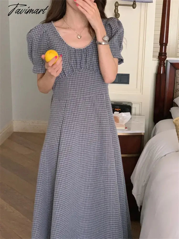Maxi Dress Plaid Slim Women Summer High Waist New Office Lady Vintage Princess Elegant OL Short Sleeve Chic
