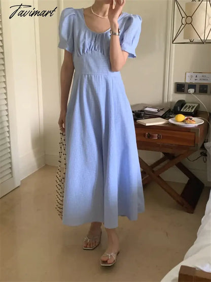 Maxi Dress Plaid Slim Women Summer High Waist New Office Lady Vintage Princess Elegant OL Short Sleeve Chic