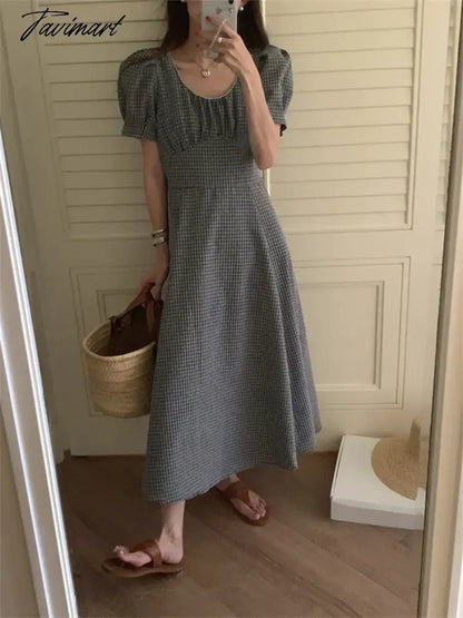 Maxi Dress Plaid Slim Women Summer High Waist New Office Lady Vintage Princess Elegant OL Short Sleeve Chic