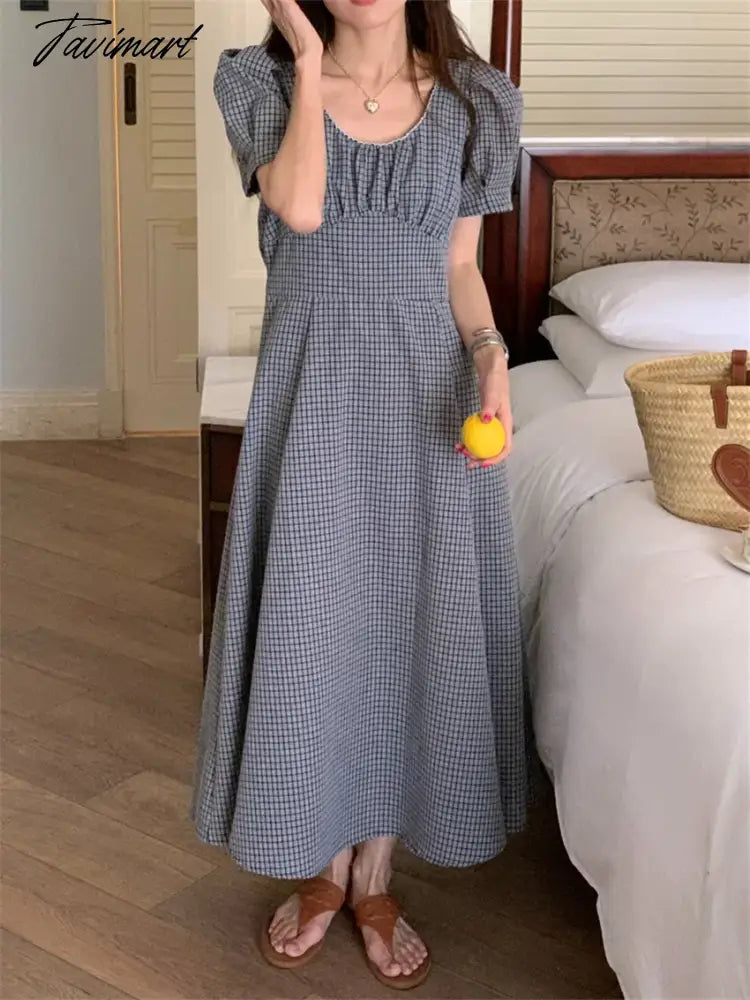 Maxi Dress Plaid Slim Women Summer High Waist New Office Lady Vintage Princess Elegant OL Short Sleeve Chic