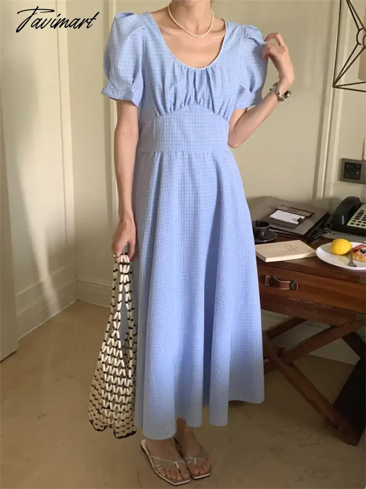 Maxi Dress Plaid Slim Women Summer High Waist New Office Lady Vintage Princess Elegant OL Short Sleeve Chic
