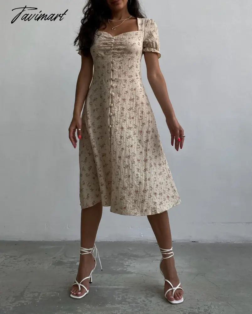 Maxi Floral Dresses for Women Beach Style Vintage Square Collar Summer Dresses Womens Fashion Chic Designer Puff Sleeve