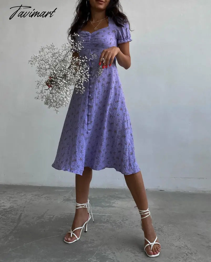Maxi Floral Dresses for Women Beach Style Vintage Square Collar Summer Dresses Womens Fashion Chic Designer Puff Sleeve