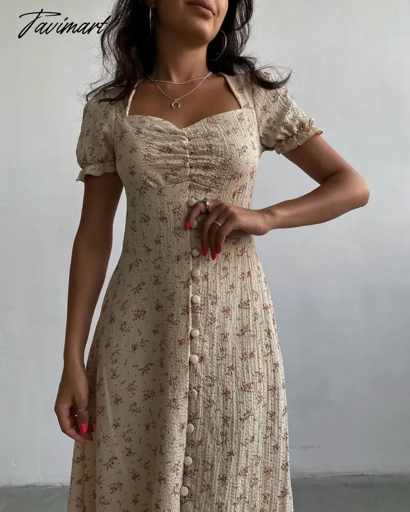 Maxi Floral Dresses for Women Beach Style Vintage Square Collar Summer Dresses Womens Fashion Chic Designer Puff Sleeve
