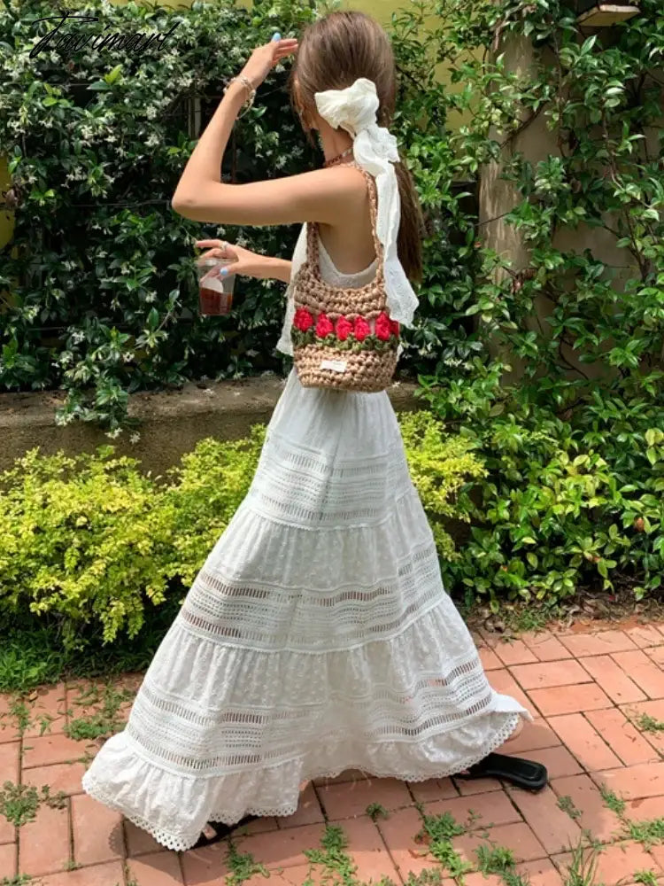 Midi Long Skirts Women Spring Summer Hollow Out Lace Skirt Korean Style Gothic Cute High Waisted A-Line Pleated White Skirt rok