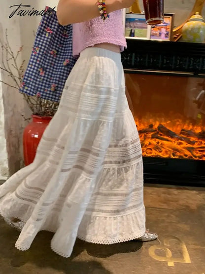 Midi Long Skirts Women Spring Summer Hollow Out Lace Skirt Korean Style Gothic Cute High Waisted A-Line Pleated White Skirt rok