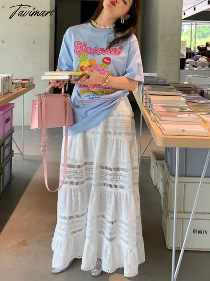 Midi Long Skirts Women Spring Summer Hollow Out Lace Skirt Korean Style Gothic Cute High Waisted A-Line Pleated White Skirt rok