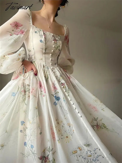 Midi Print Dress Summer New Women Elegent Fashion French Retro Princess Fancy Party Prom Clothes Female Vestidos