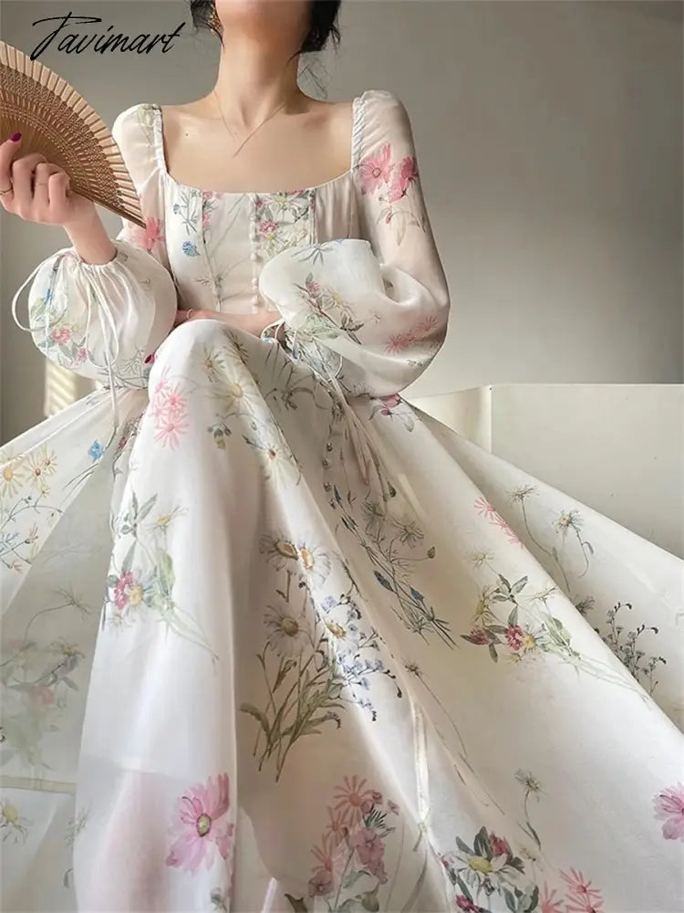 Midi Print Dress Summer New Women Elegent Fashion French Retro Princess Fancy Party Prom Clothes Female Vestidos