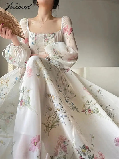 Midi Print Dress Summer New Women Elegent Fashion French Retro Princess Fancy Party Prom Clothes Female Vestidos